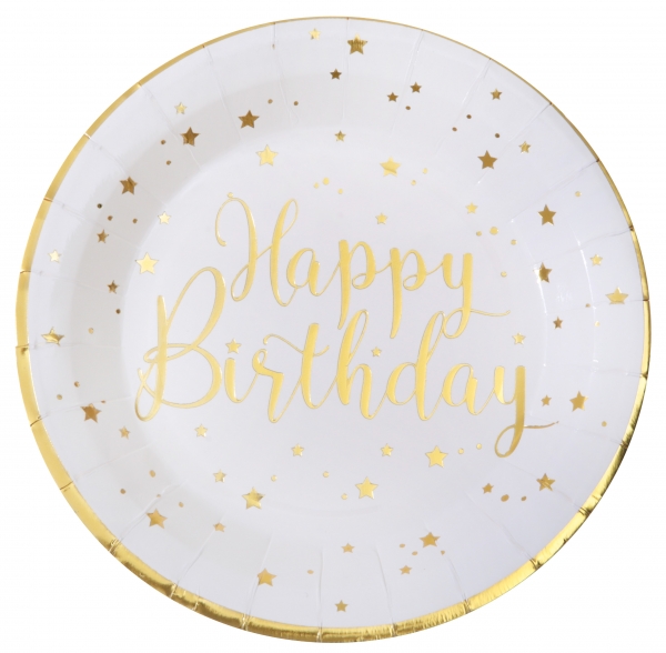 Levně Papírové talíře Happy Birthday bílo-zlaté 23cm 10ks